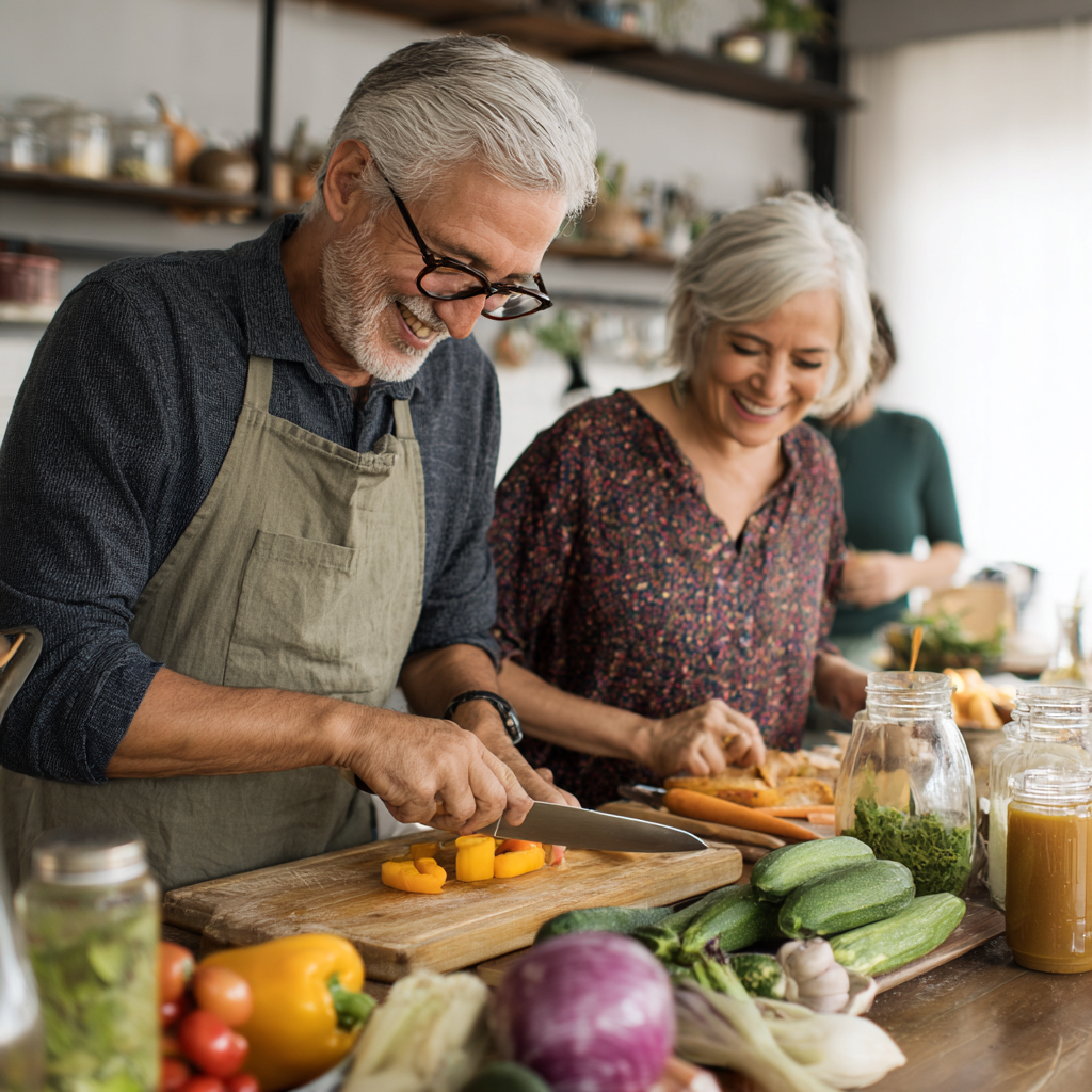 Middle-aged adults preparing healthy meals together in a bright kitchen