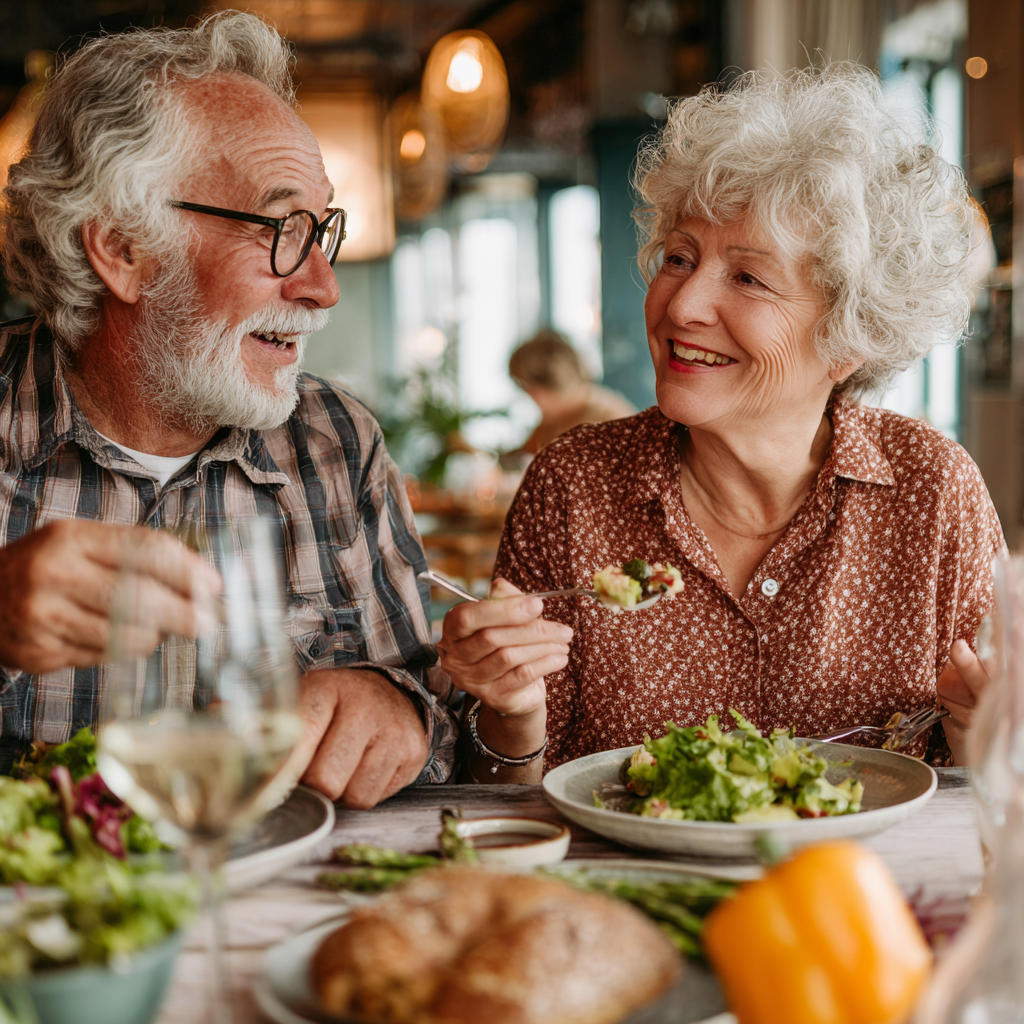 Older adults enjoying a nutritious meal together in a comfortable dining setting
